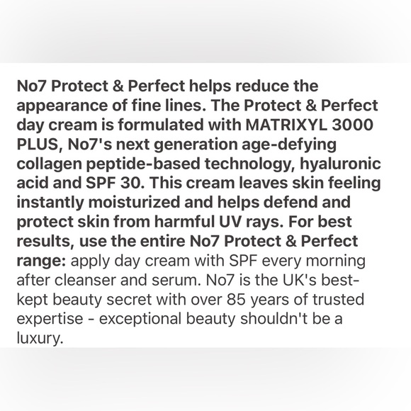 New Boots No7 Protect & Perfect Intense Advanced Day Cream Sunscreen SPF 30 - Picture 7 of 8
